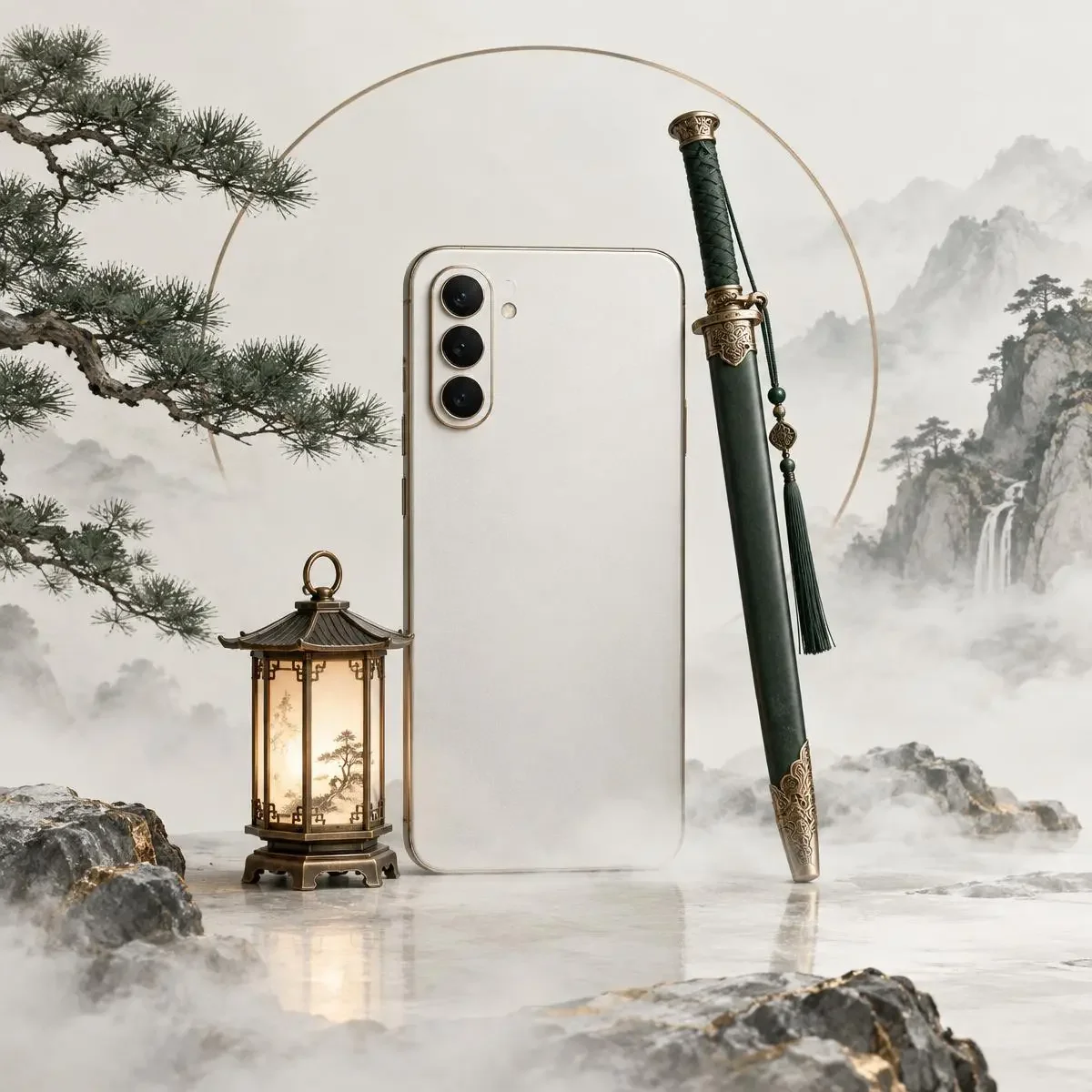91成人短剧App App 界面示意:晨雾中的手机与松绿剑鞘
