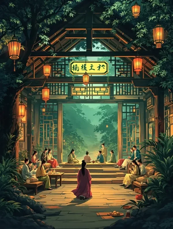 《茶楼第二种说法》封面：黄昏茶楼里的说书台与茶烟