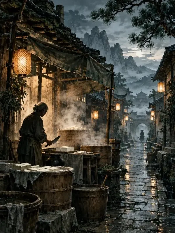《豆腐摊的三更天》封面：天未亮的小巷豆腐摊与蒸腾雾气