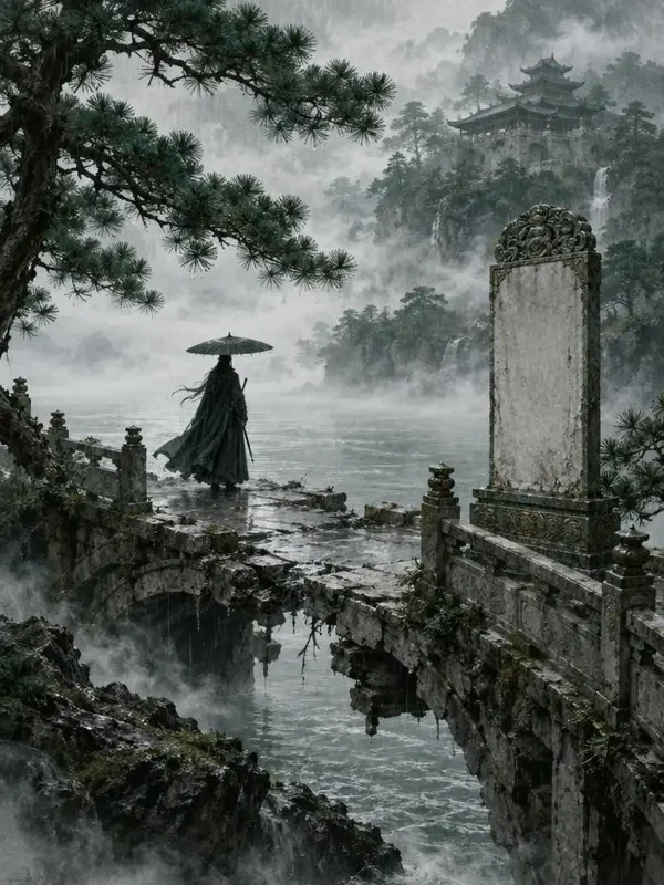 《断桥无字碑》封面：雨中断桥与一块未刻字的旧石碑