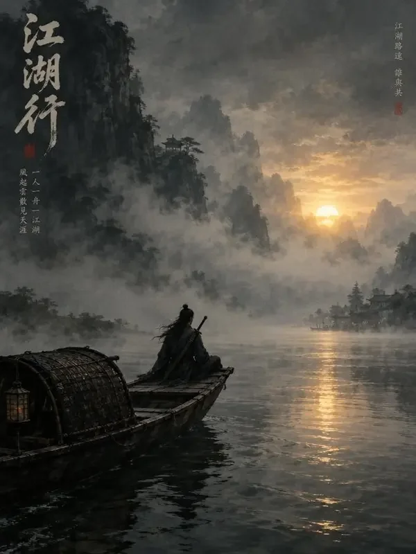 《洛水渡口书》封面：夜色河面上的渡船与灯影
